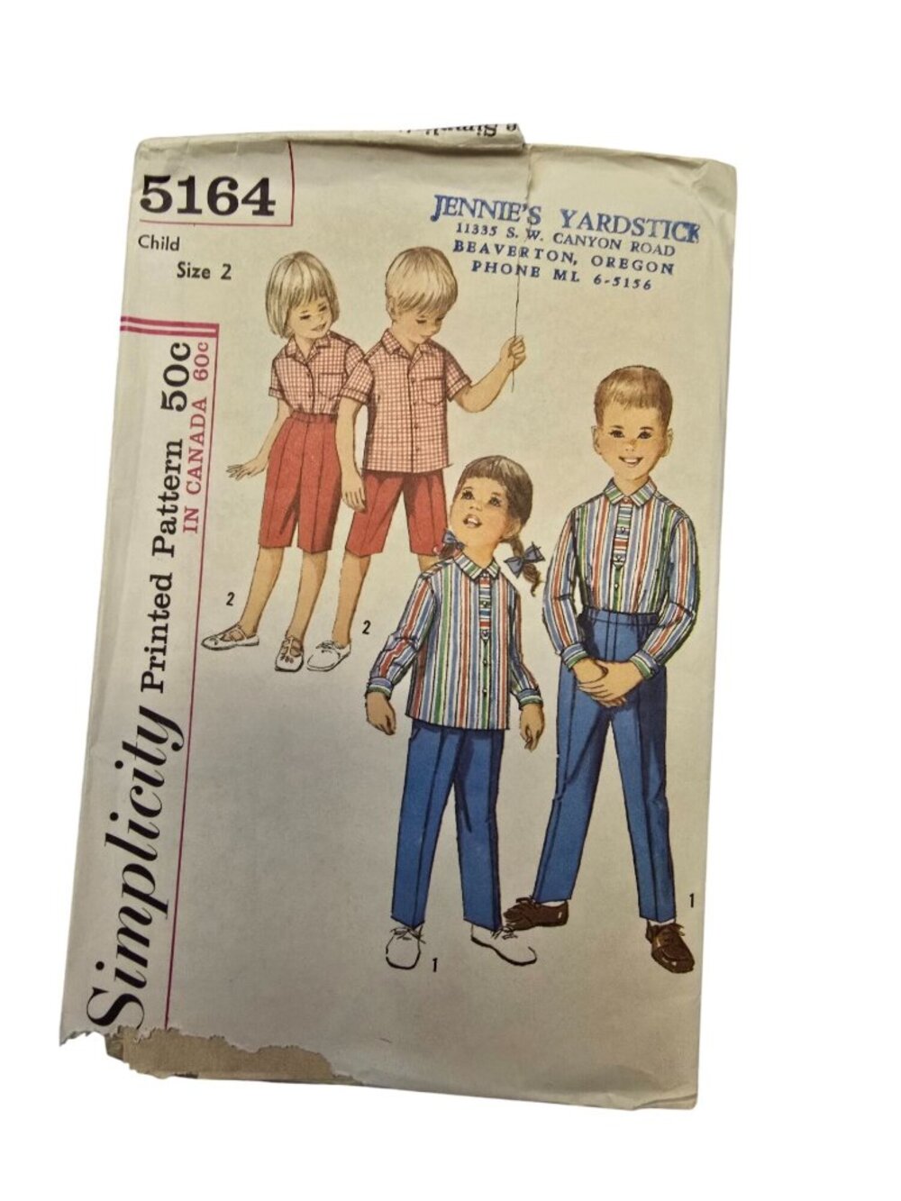 Vintage 1960s Simplicity 5164 Child Shirt Pants Sewing Pattern Size 2 Uncut